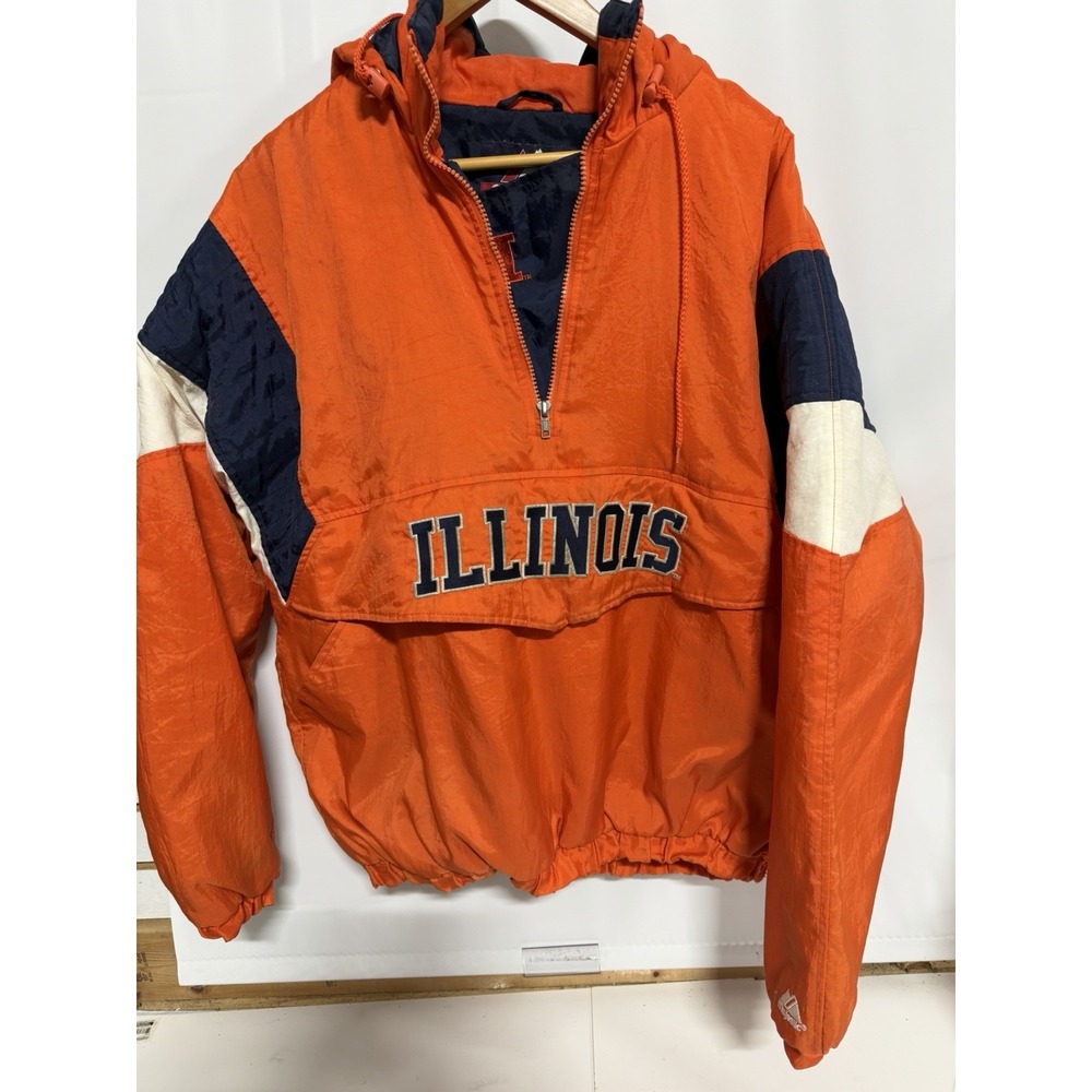 Vintage Illinois Fighting Illini Majestic Hooded Anorak Windbreaker Mens M